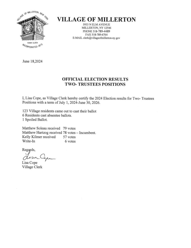 2024 Village Election Results Village of Millerton New York